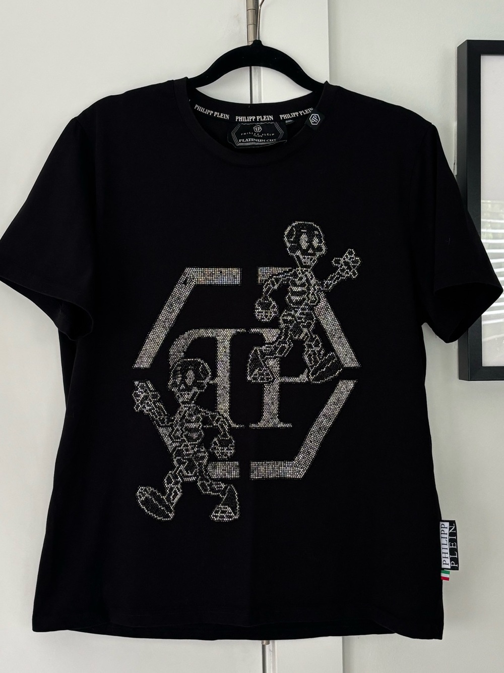 Men's Phillip Plein rhinestone skeleton black SS crewneck shirt made in Italy